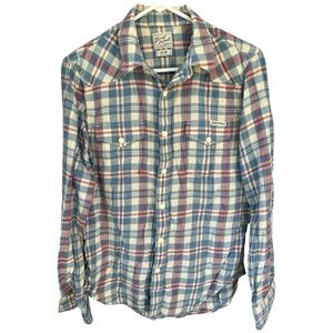 Lucky Brand Men's Blue White Western Sportswear Flannel Shirt 100% Cotton Size S